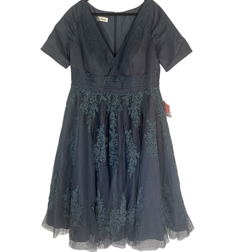JJs House A Line Tea-Length Dress Short Sleeve Embroidered Wedding Dress Formal